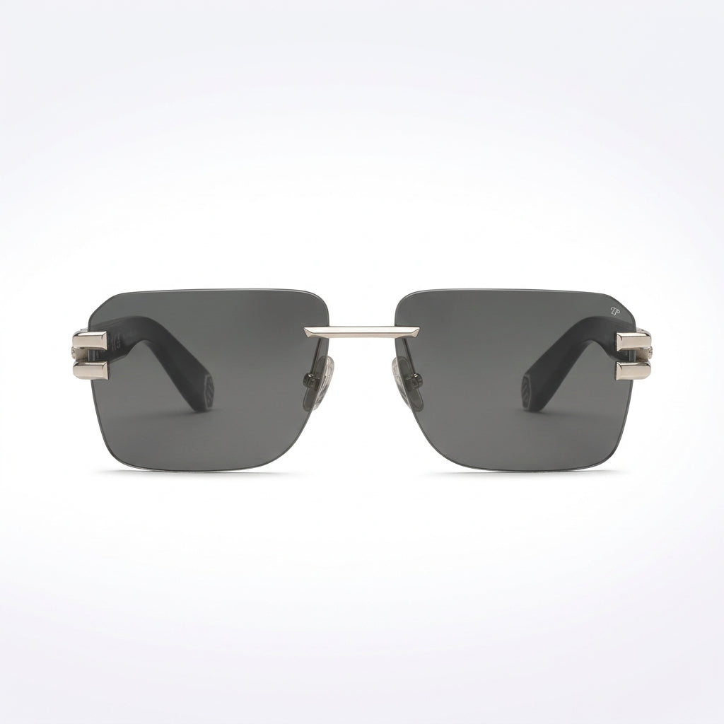 Philipp Plein Men Rimless Square Navigator Silver / Black Smoke Sunglasses