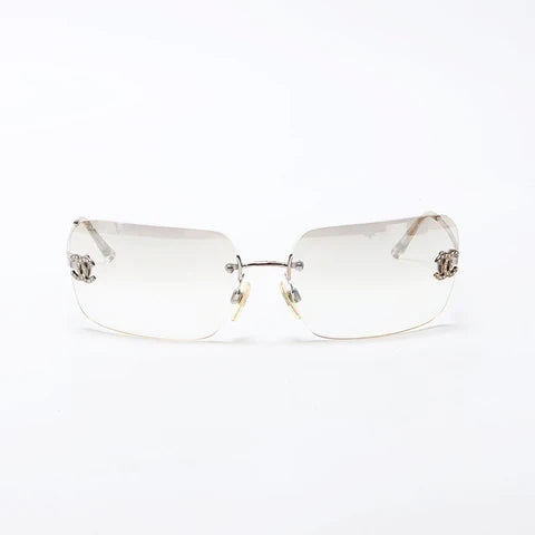 Chanel Unisex Coco Mark Clear Rhinestone Rimless Silver Sunglasses