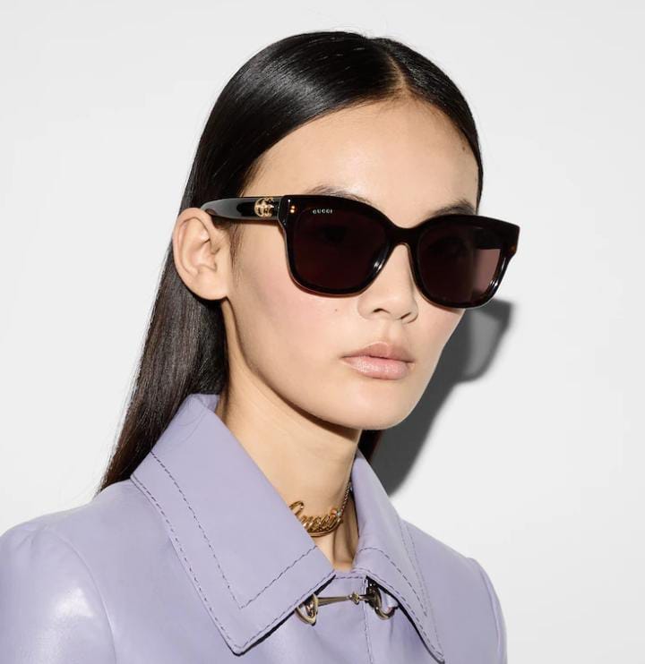 Gucci Women Low Nose Bridge Fit Square Dark Brown Sunglasses