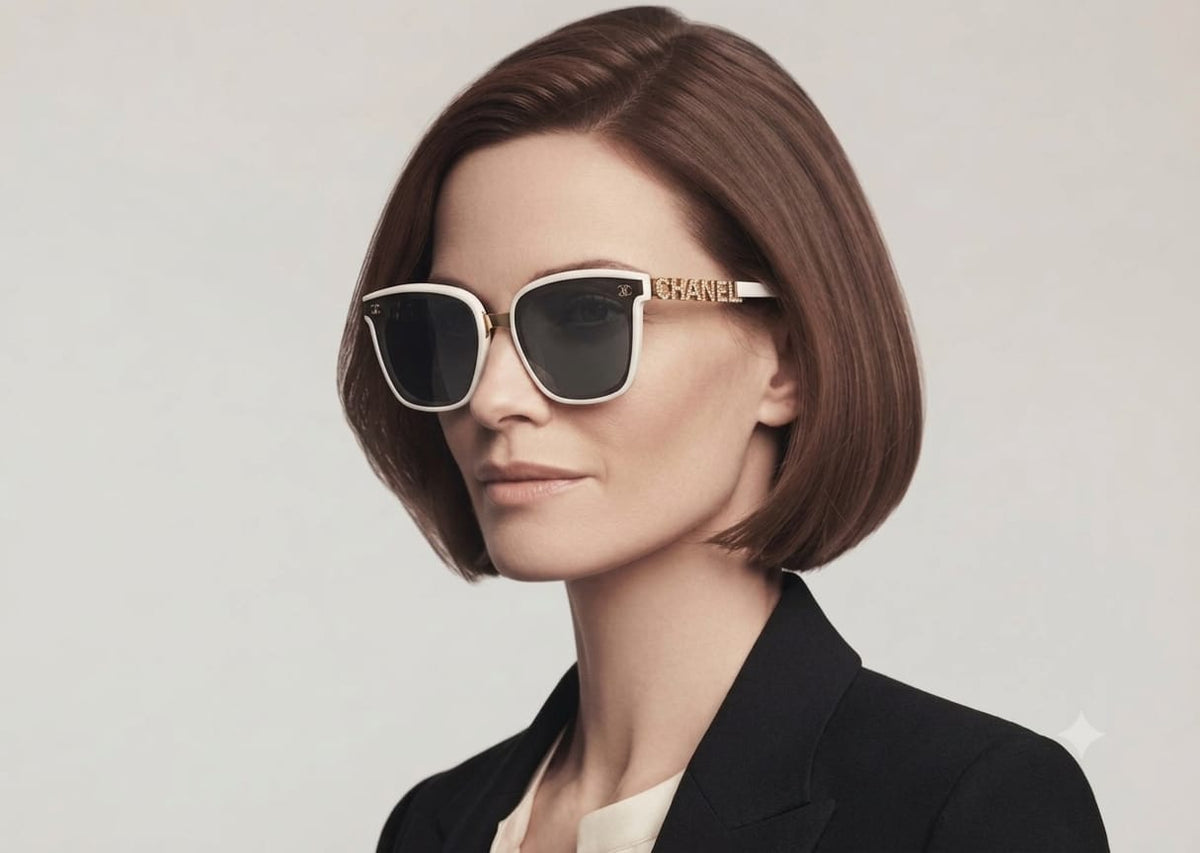 Chanel Women Classic Square Acetate Polarized Rhinestone Chanel Logo White Sunglasses