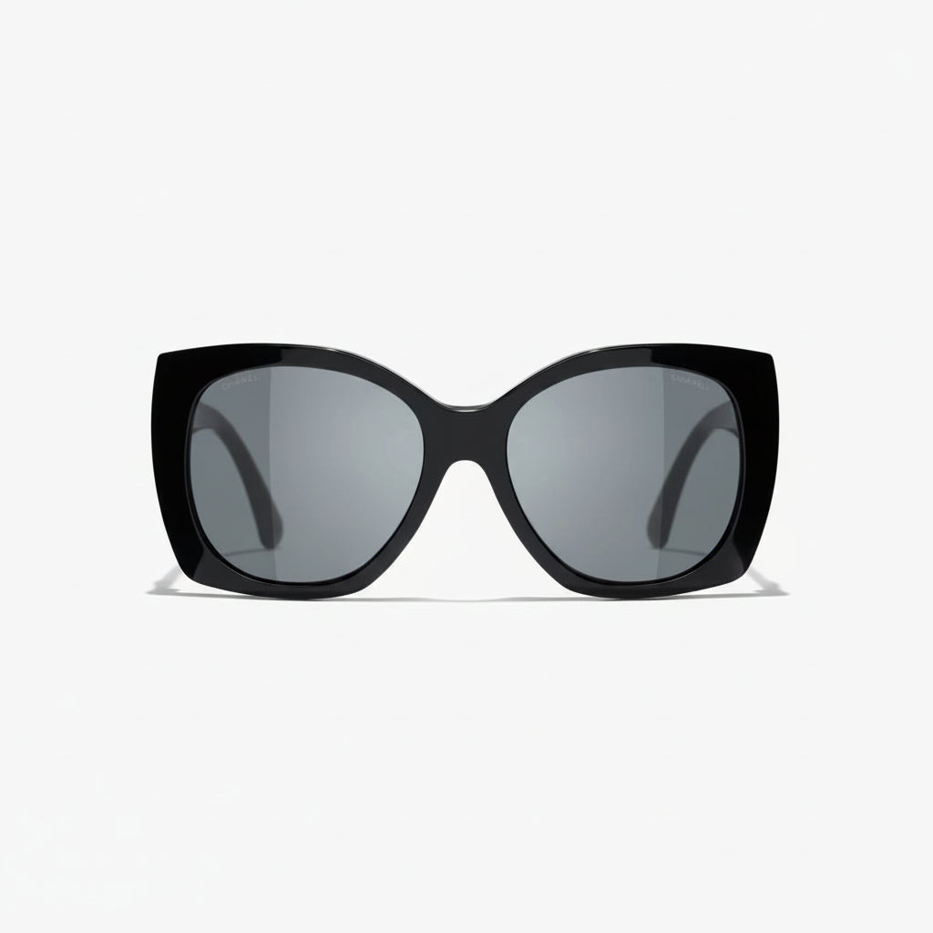 Chanel Women Square Silver Logo Black Sunglasses