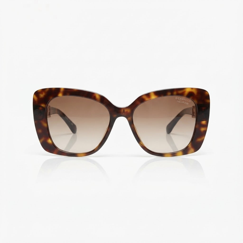 Chanel Women Acetate Strass Polarized Square Gold Stone Logo Sunglasses