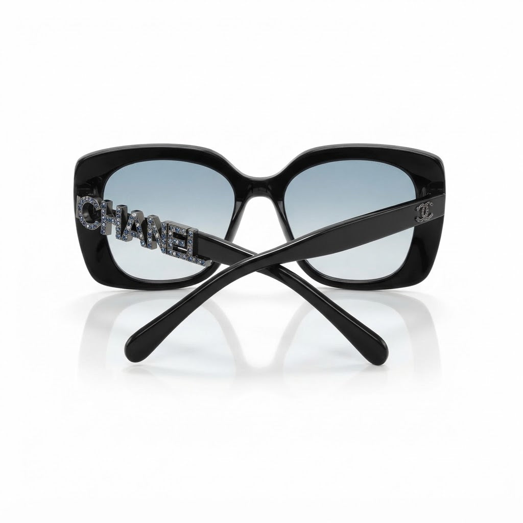Chanel Women Acetate Strass Polarized Square Blue Stone Logo Sunglasses