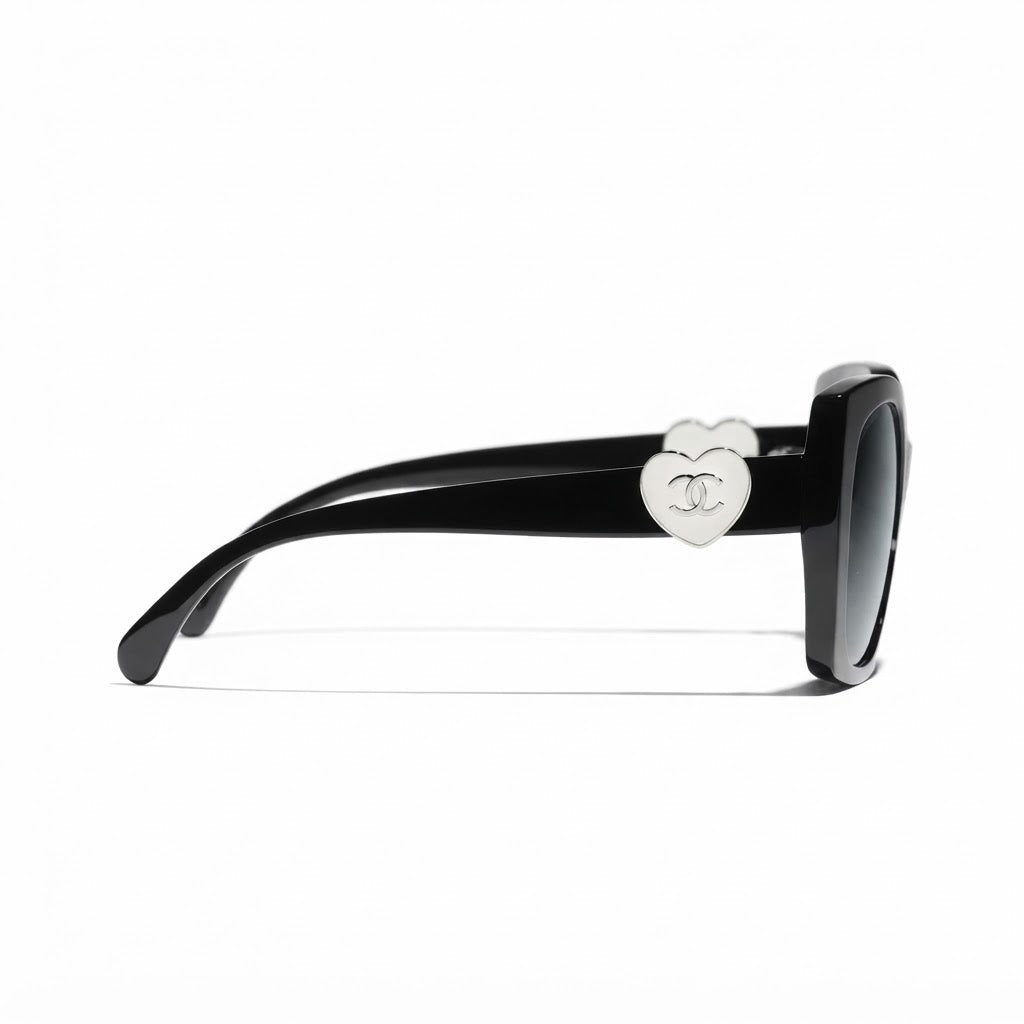 Chanel Women Square Silver Logo Black Sunglasses