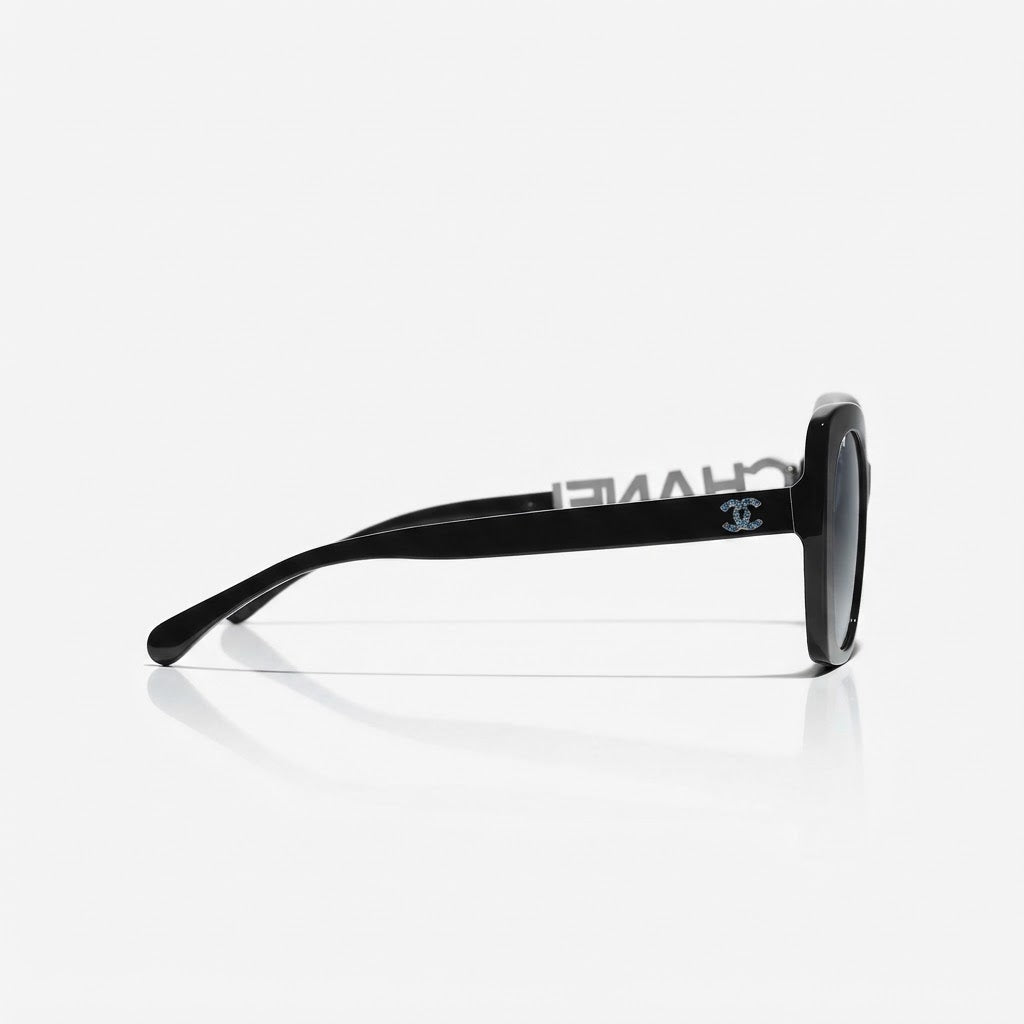 Chanel Women Acetate Strass Polarized Square Blue Stone Logo Sunglasses