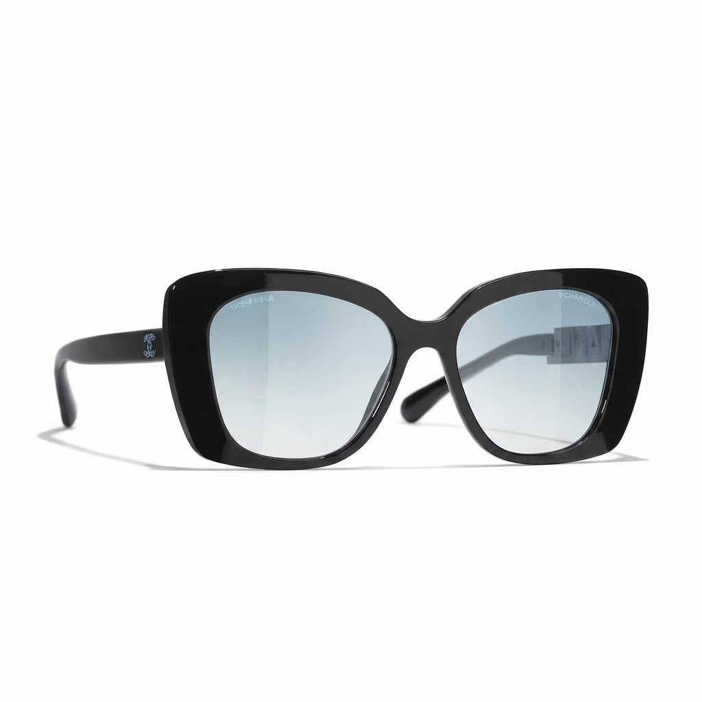 Chanel Women Acetate Strass Polarized Square Blue Stone Logo Sunglasses