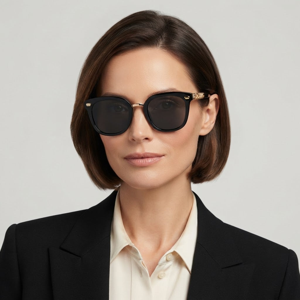Chanel Women Classic Square Acetate Polarized Rhinestone Chanel Logo Black Sunglasses