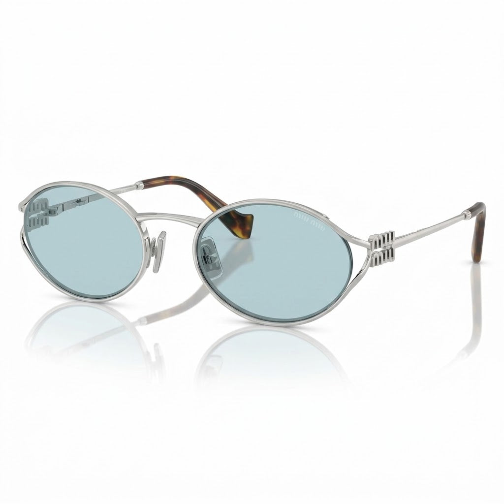 Miu Miu Women Logo Silver Oval Light Blue Sunglasses