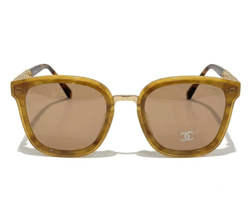 Chanel Women Classic Square Acetate Polarized Rhinestone Chanel Logo Honey Tortoise Sunglasses
