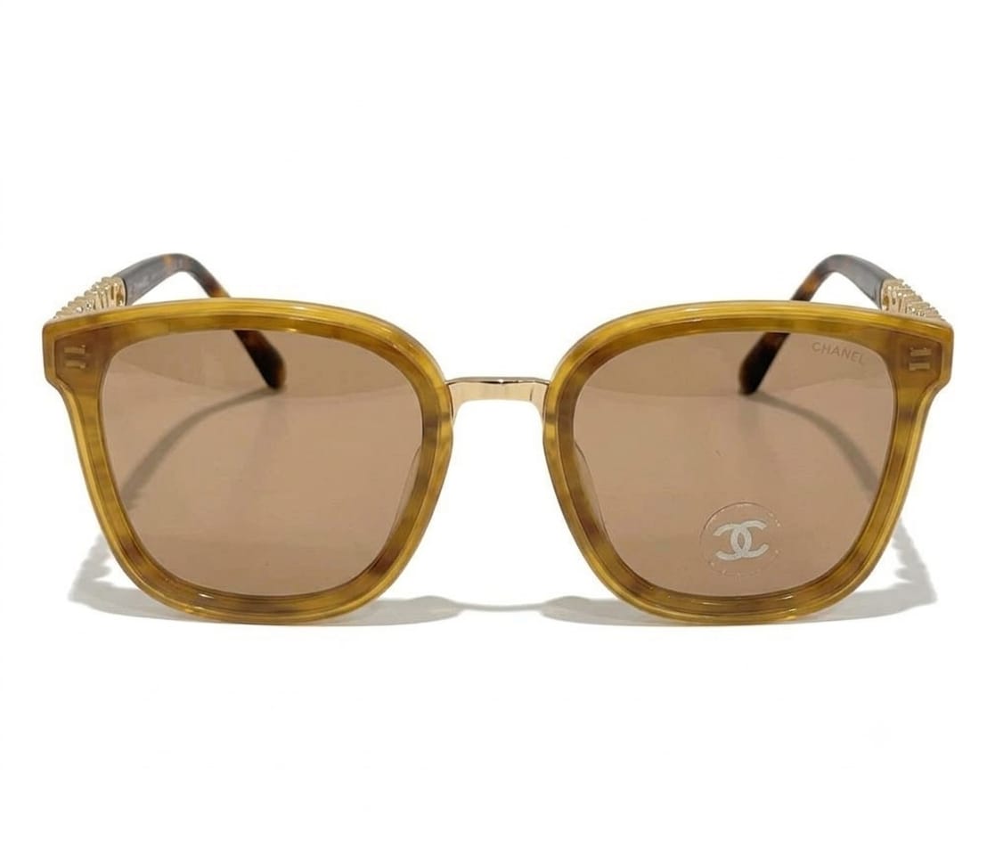 Chanel Women Classic Square Acetate Polarized Rhinestone Chanel Logo Honey Tortoise Sunglasses
