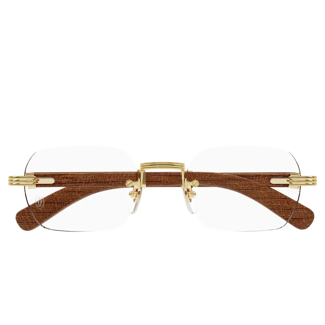Cartier Première de Men Rimless Rectangular Brown Wood Temples Transparent Glasses