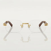  Cartier Première de Men Rimless Rectangular Brown Wood Temples Transparent Glasses
