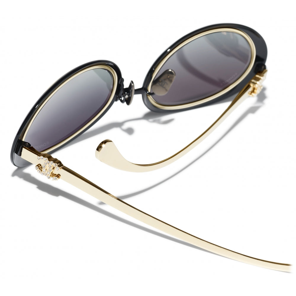 Chanel Women Oval Black Gold Gray Sunglasses