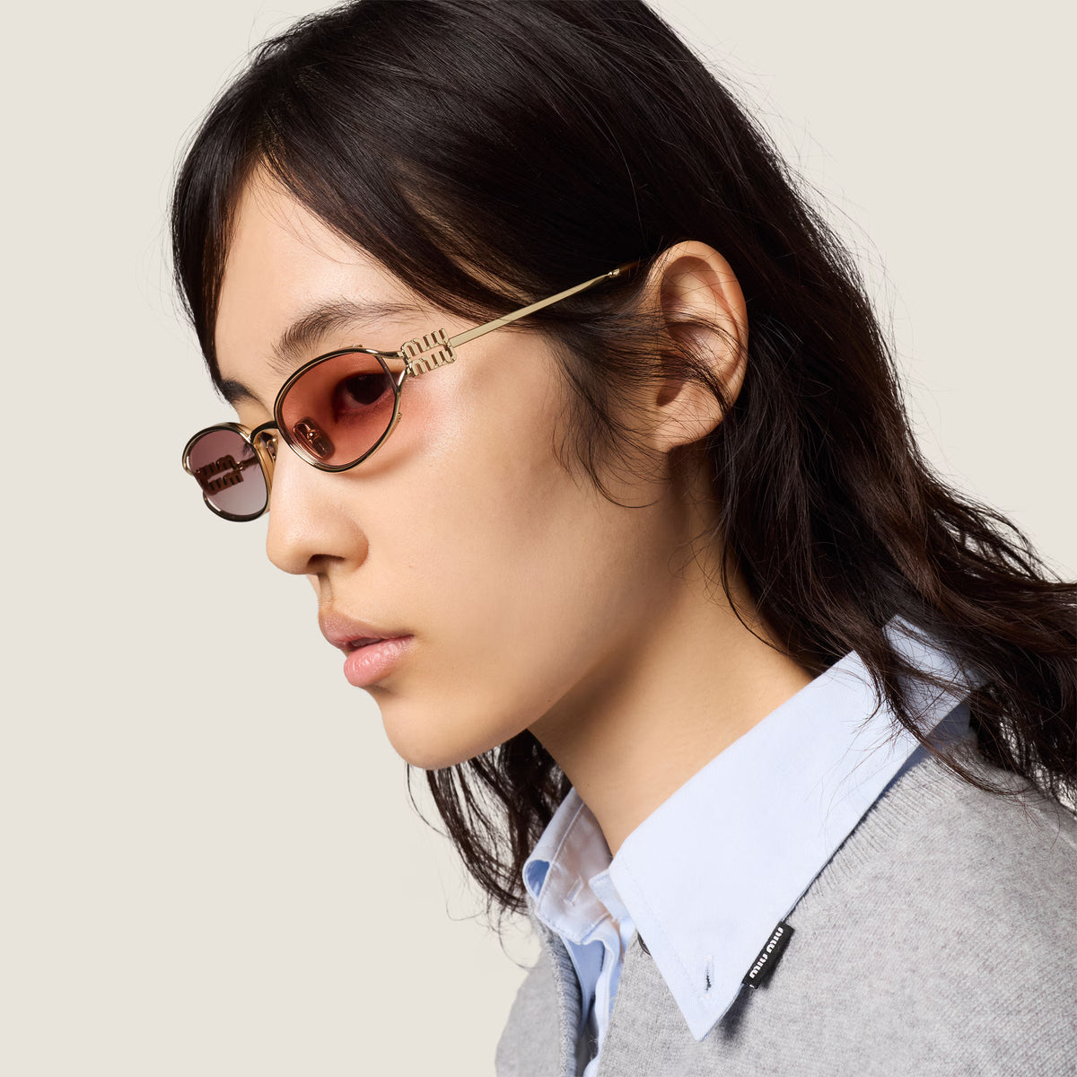 Miu Miu Women Miu Logo Pale Gold Metal Sunglasses with Gradient Pink Lenses