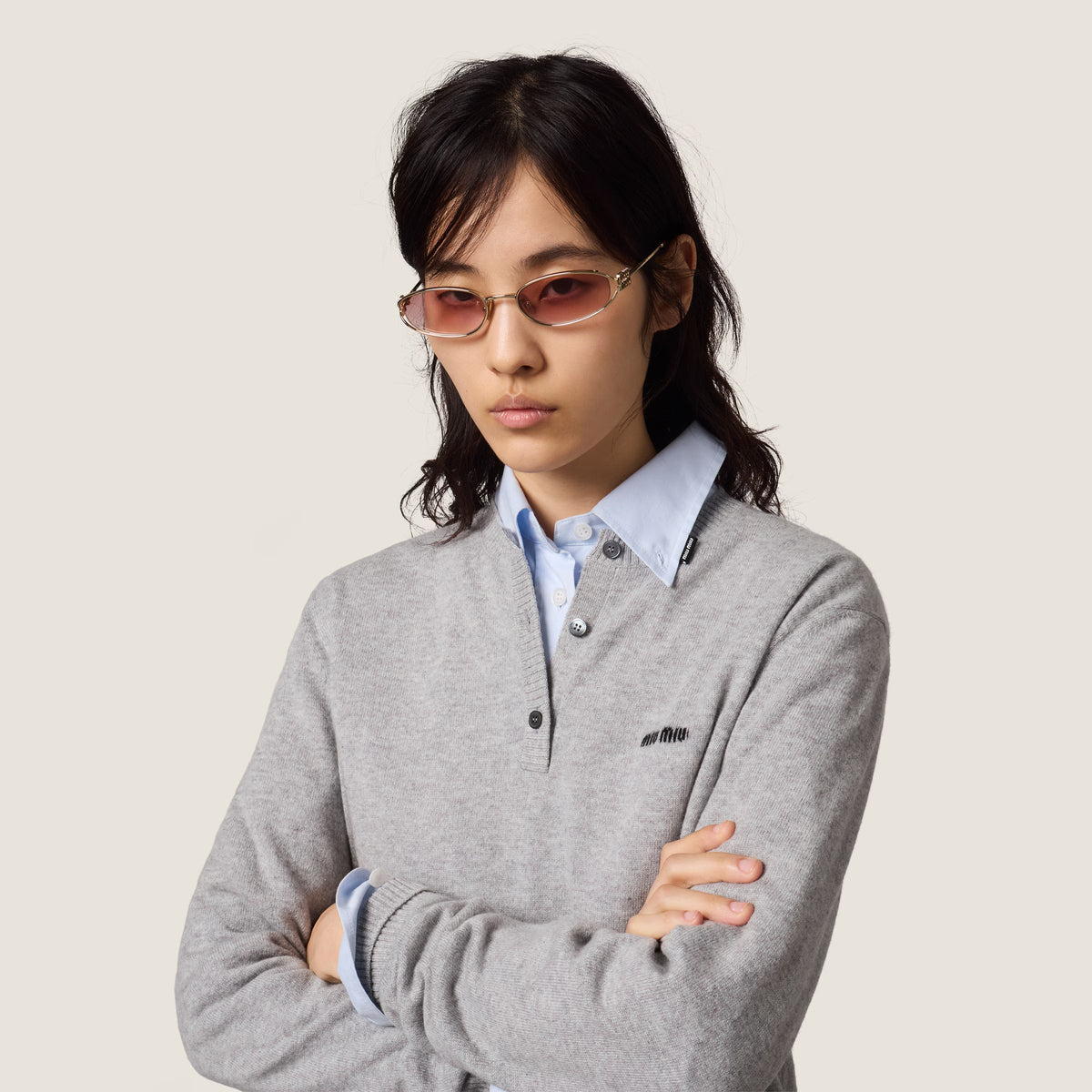 Miu Miu Women Miu Logo Pale Gold Metal Sunglasses with Gradient Pink Lenses