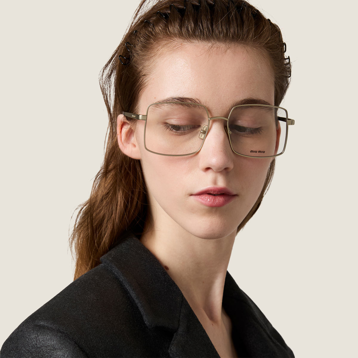 Miu Miu Runway SMUC53 Women Champagne Metal Blue-ray Transparent Glasses