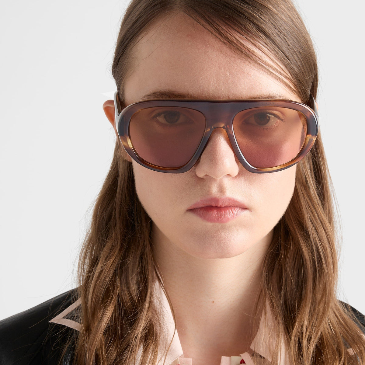 Prada Women Pilot Frame Leather Brown Sunglasses