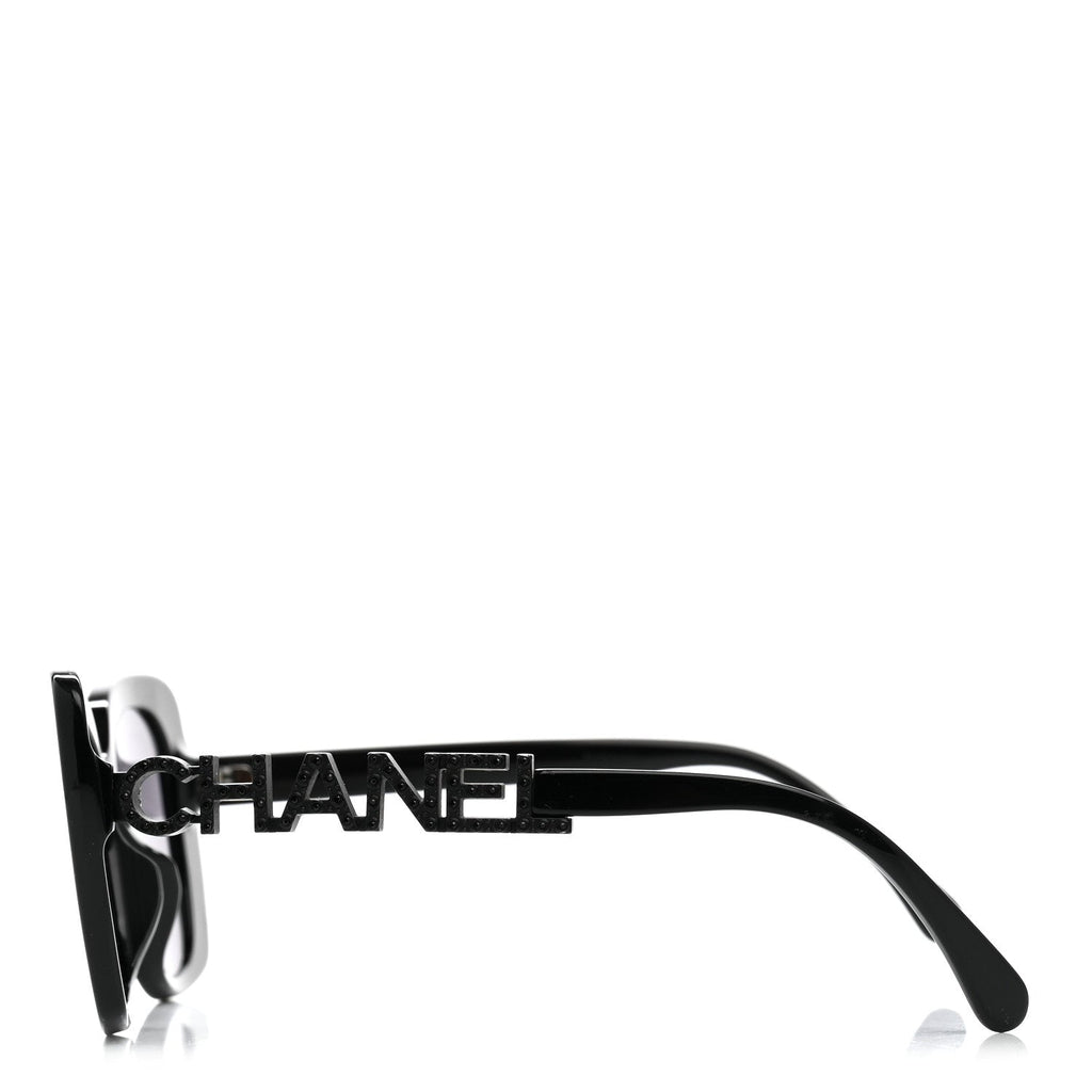 Chanel Women Acetate Strass Polarized Square Black Stone Logo Sunglasses