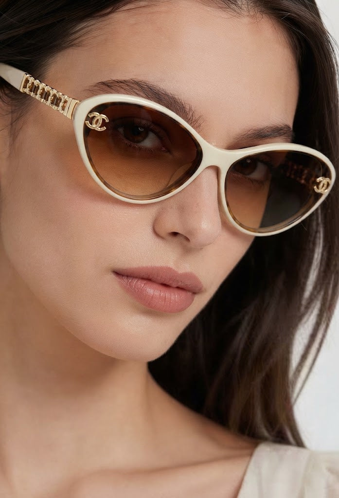 Chanel Women Beige Gold Chain Sunglasses