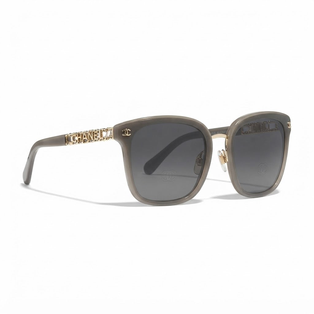 Chanel Women Classic Square Acetate Polarized Rhinestone Chanel Logo Grey Sunglasses