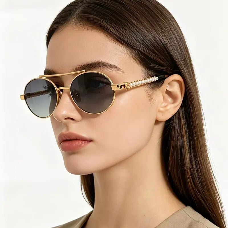 Chanel Oval Metal & Imitation Pearl Gold & Grey Sunglasses