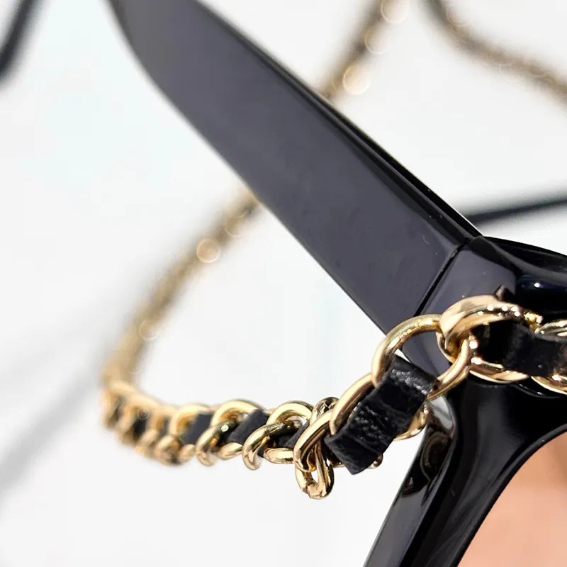 Chanel Women Rectangle Calfskin Chain Black Pink Sunglasses