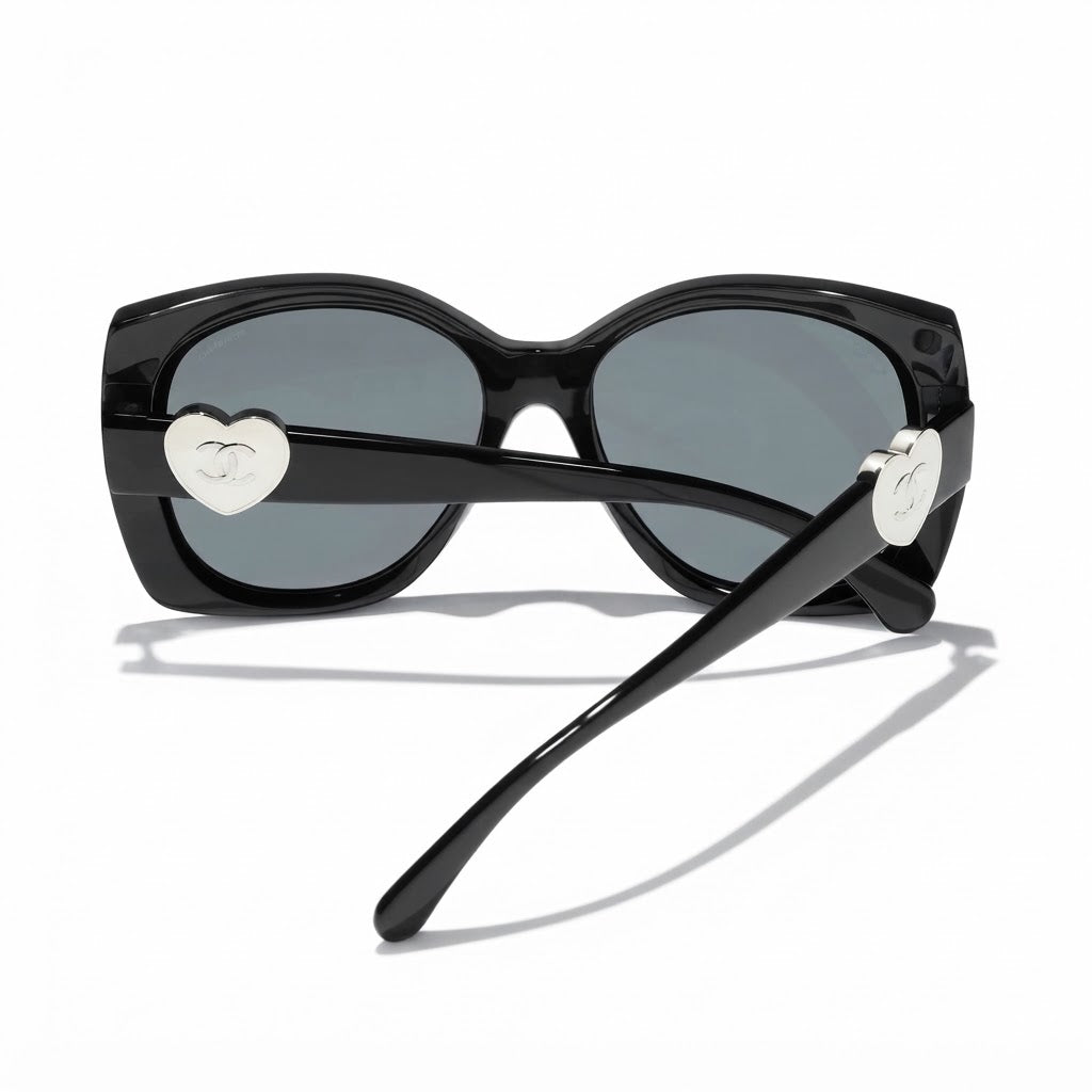 Chanel Women Square Silver Logo Black Sunglasses