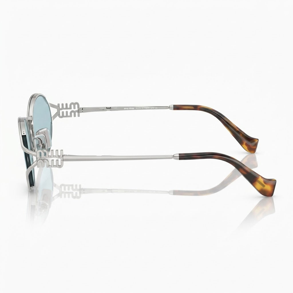 Miu Miu Women Logo Silver Oval Light Blue Sunglasses