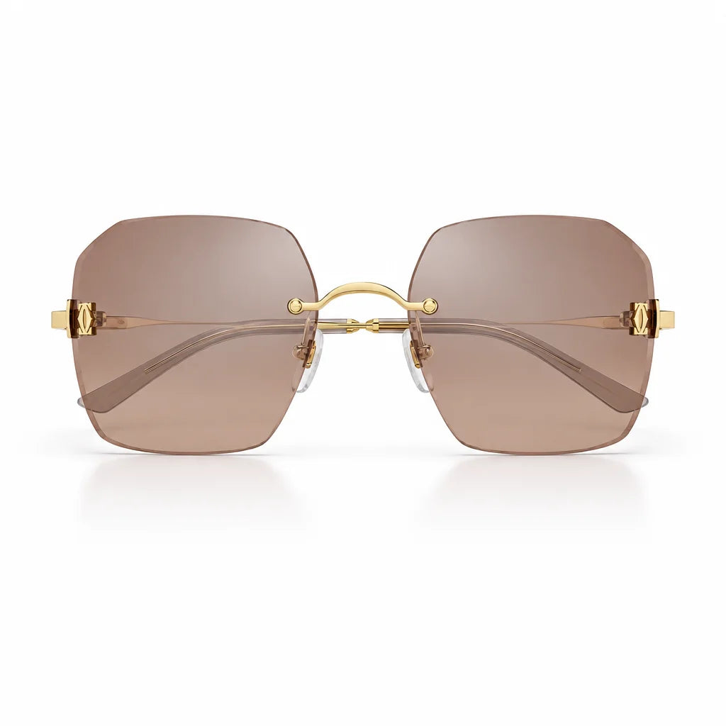 Cartier C De Motif Women Rimless Rectangle Gold Brown Sunglasses