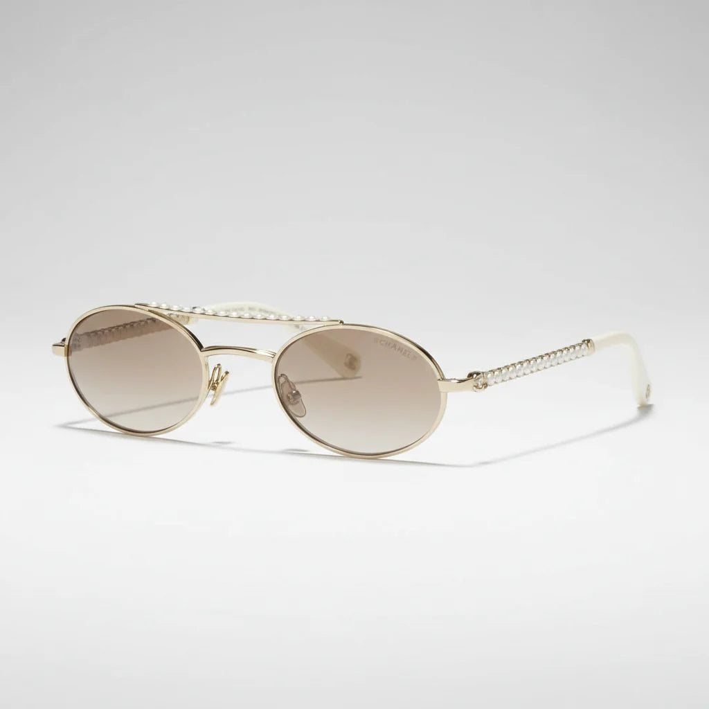Chanel Oval Metal & Imitation Pearl Gold & Brown Gradient Sunglasses