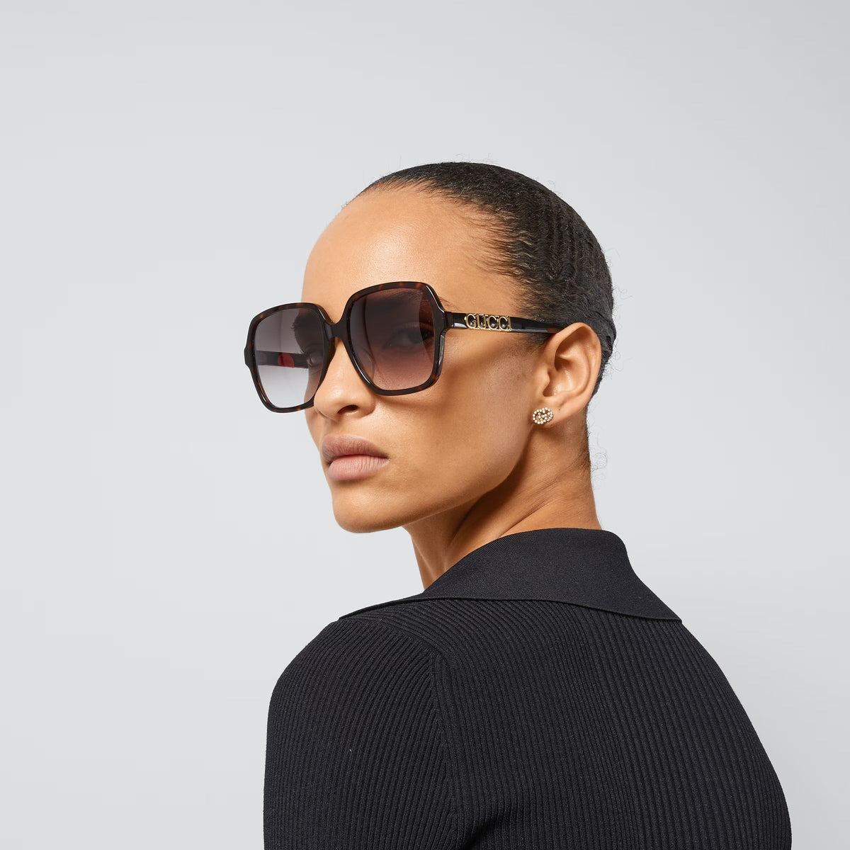 Gucci Women Rectangular Frame Dark Tortoiseshell Sunglasses