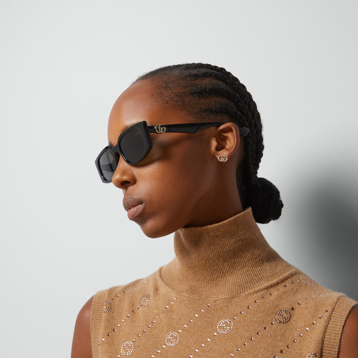 Gucci Women Rectangular Frame Shiny Black Sunglasses