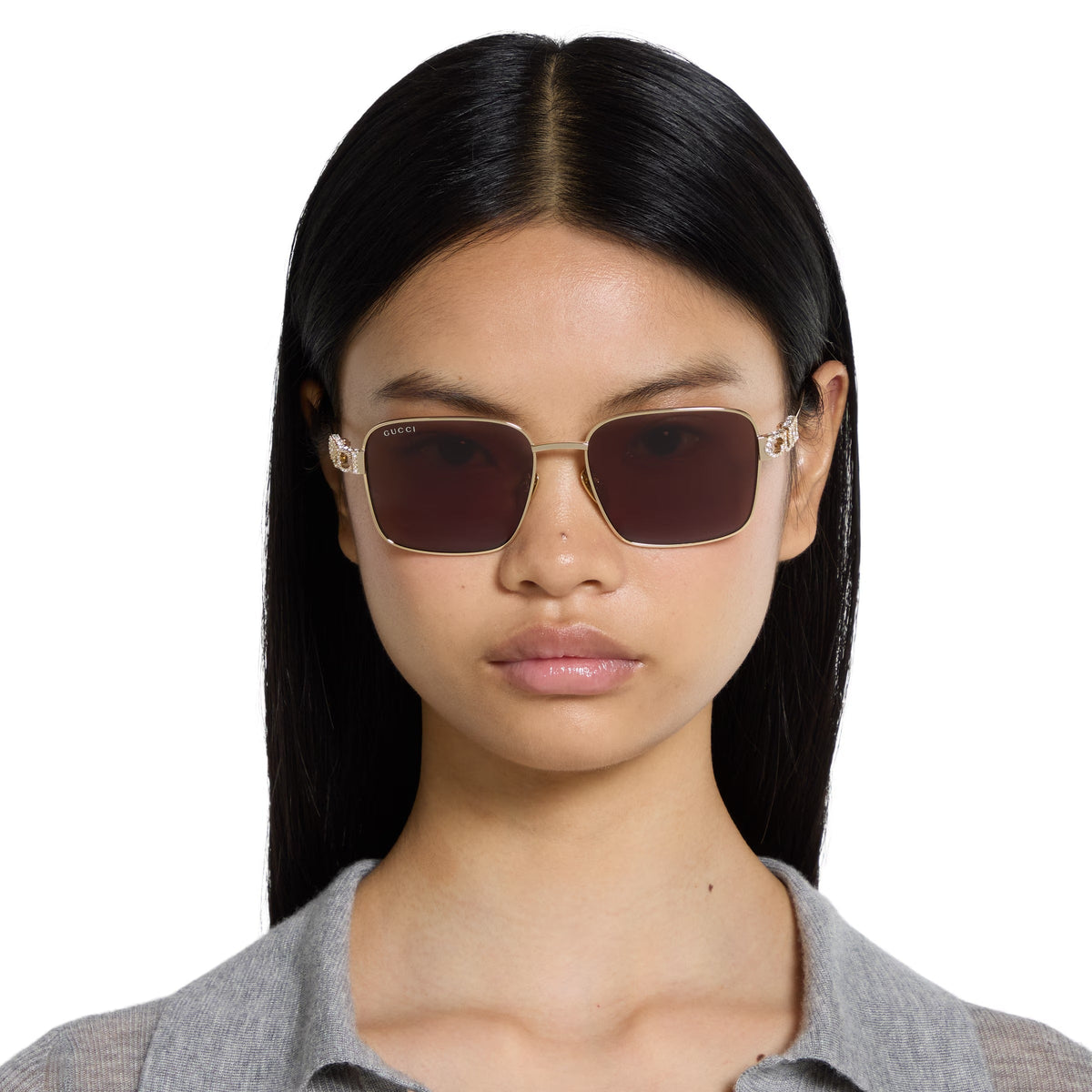 Gucci Women Square Frame Shiny Light Gold Sunglasses