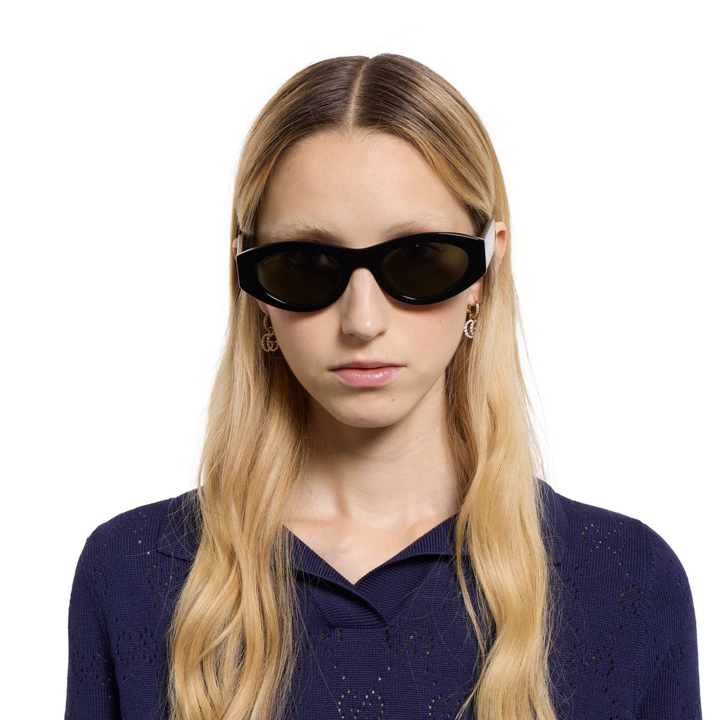 Gucci Women Oval Frame Shiny Black Sunglasses