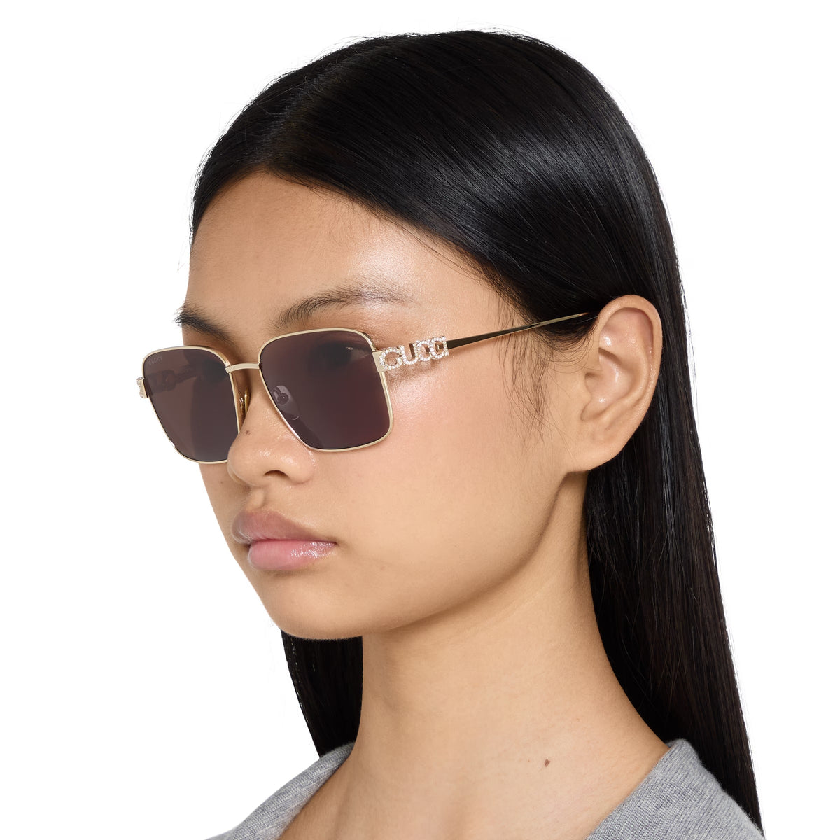 Gucci Women Square Frame Shiny Light Gold Sunglasses