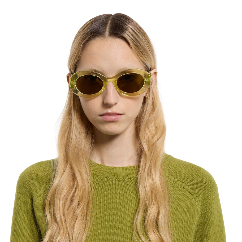 Gucci Women Oval Frame Shiny Green Sunglasses