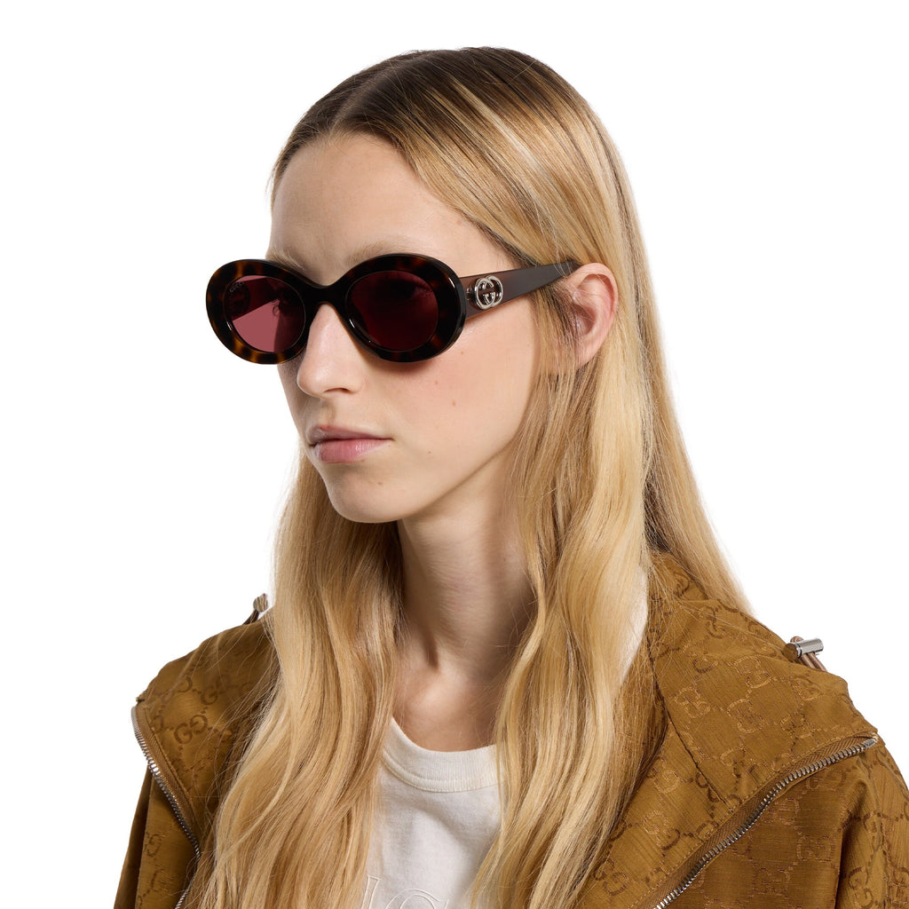 Gucci Women Oval Frame Shiny Brown Tortoiseshell Sunglasses