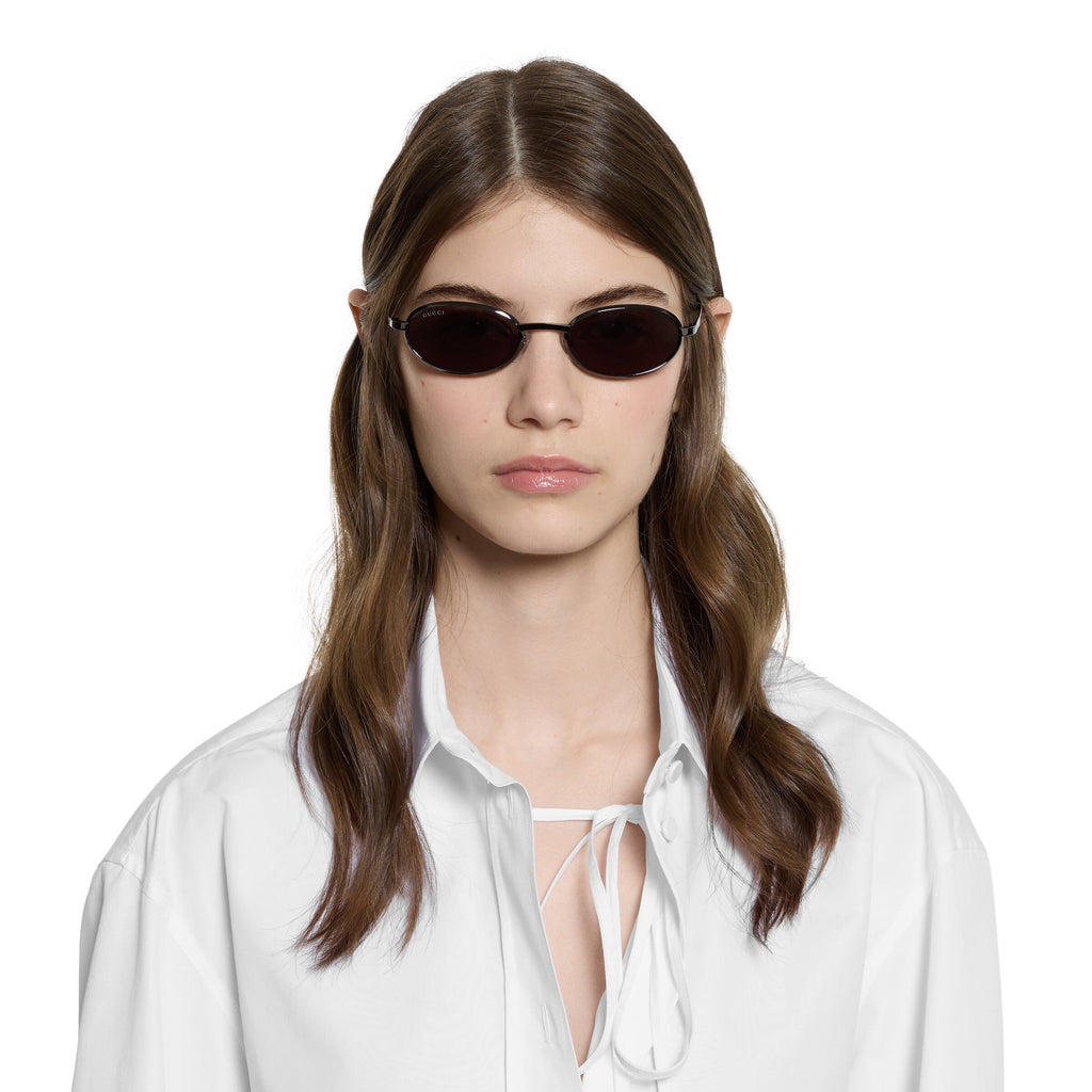 Gucci Women Oval Frame Dark Ruthenium Sunglasses
