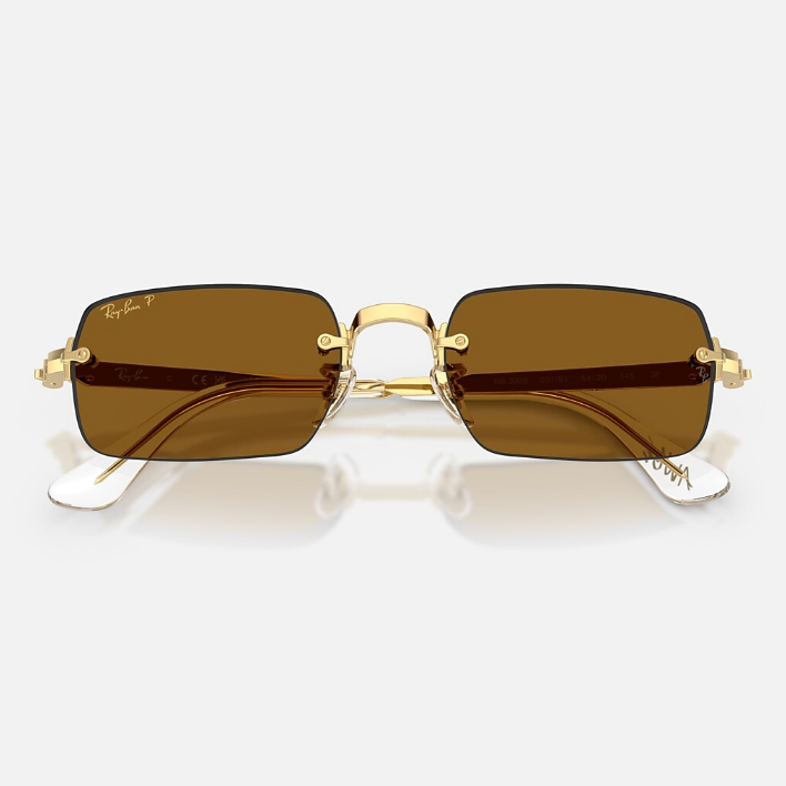 Ray Ban Men Rectangle Frame Polished Arista Gold Sunglasses