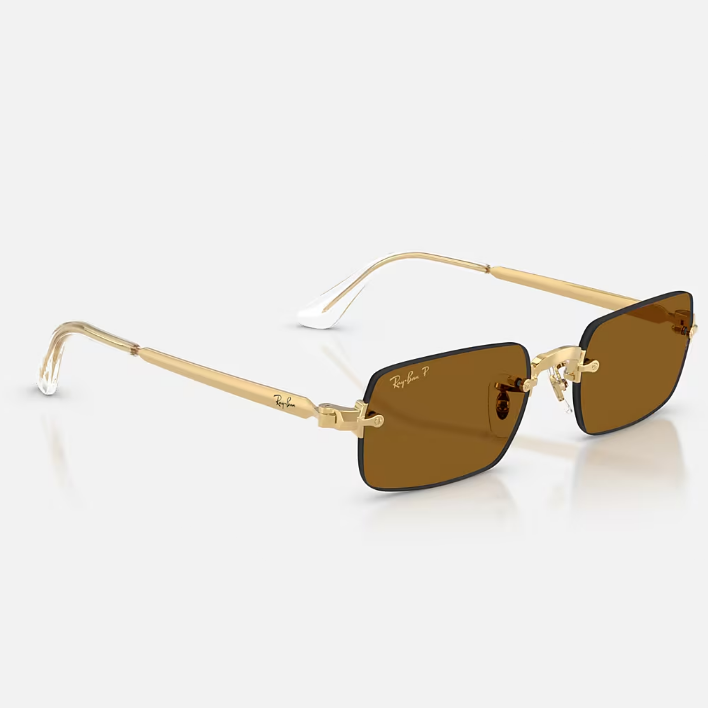 Ray Ban Men Rectangle Frame Polished Arista Gold Sunglasses