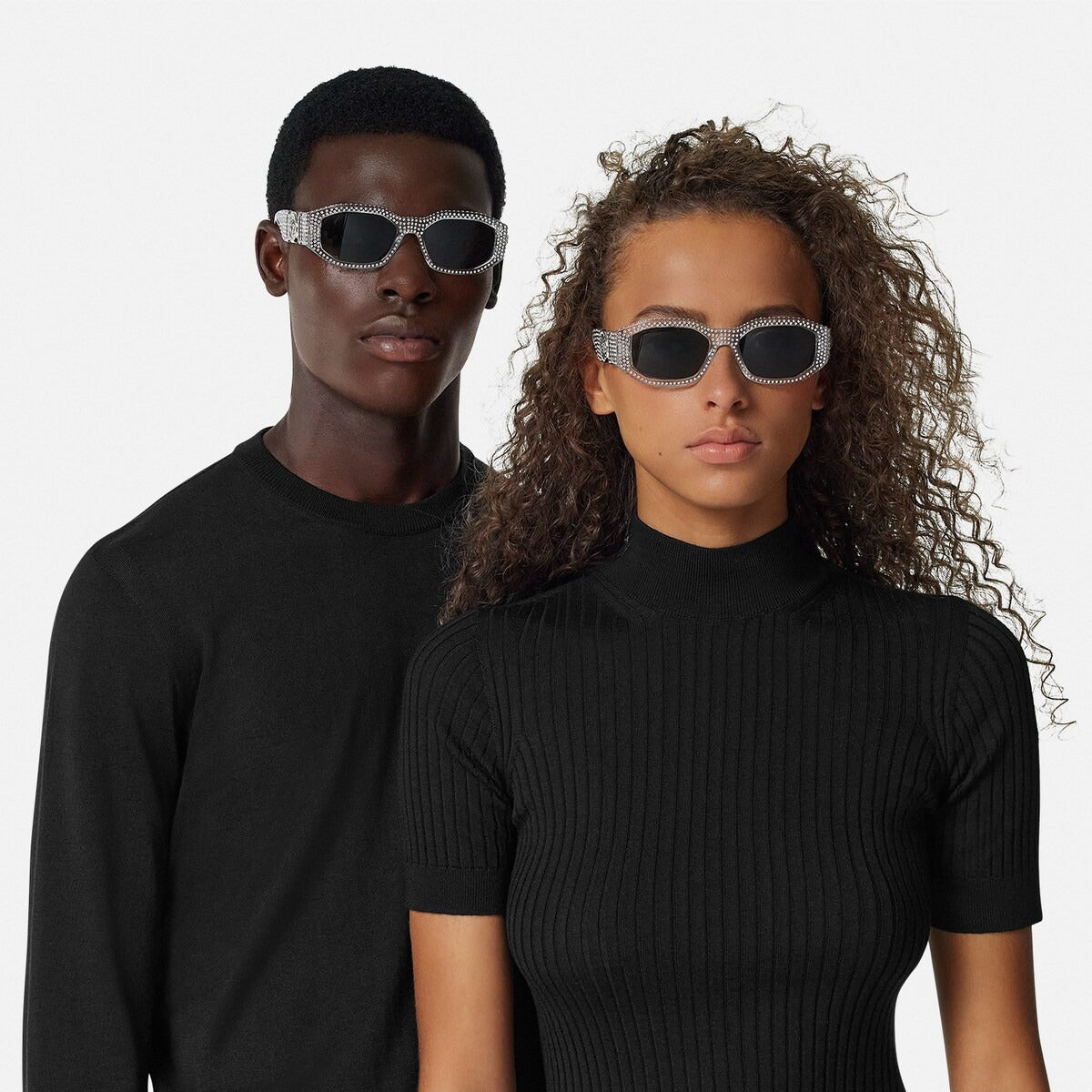 Versace Men Rectangular Frame Crystal Sunglasses