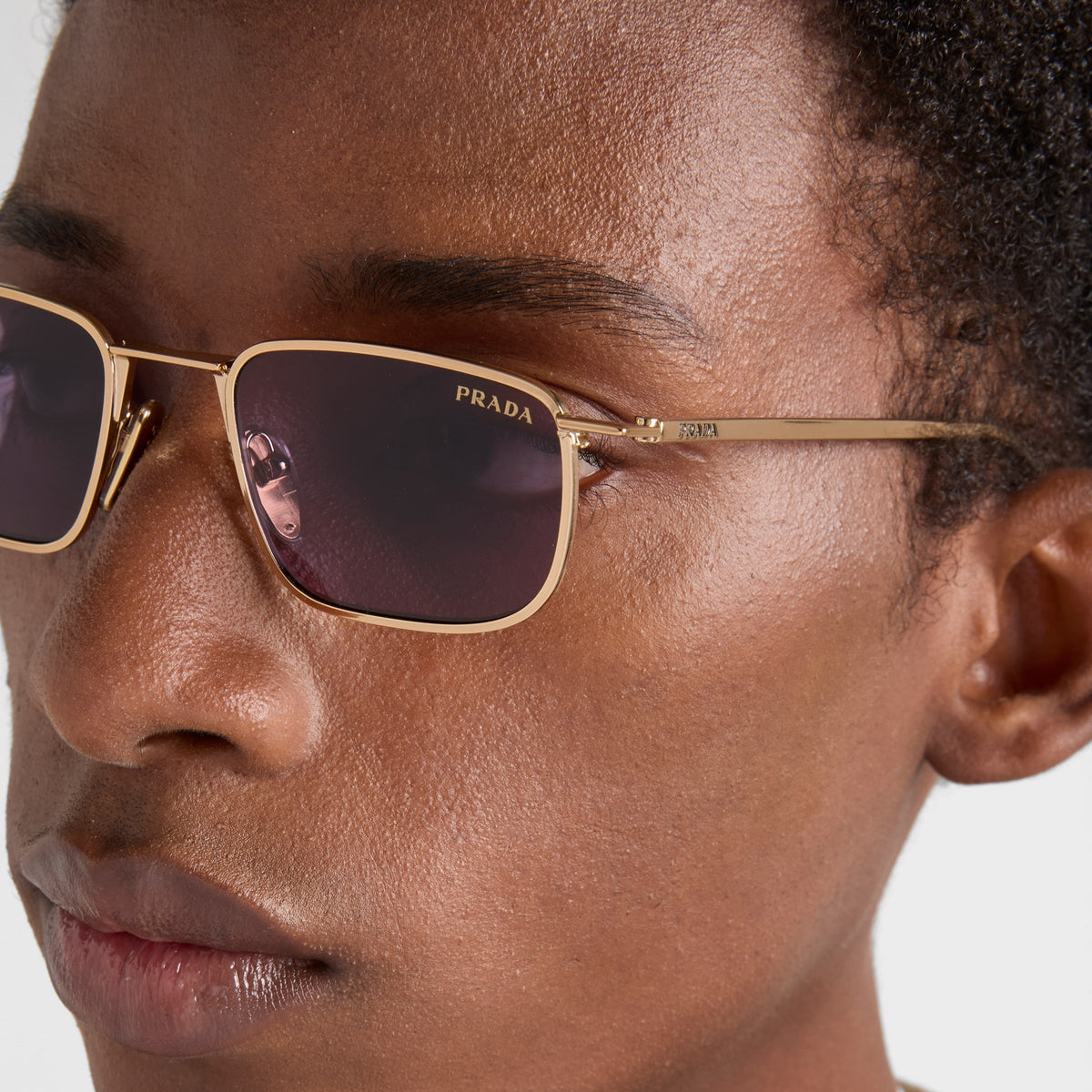 Prada Men Rectangular Frame Brass Sunglasses