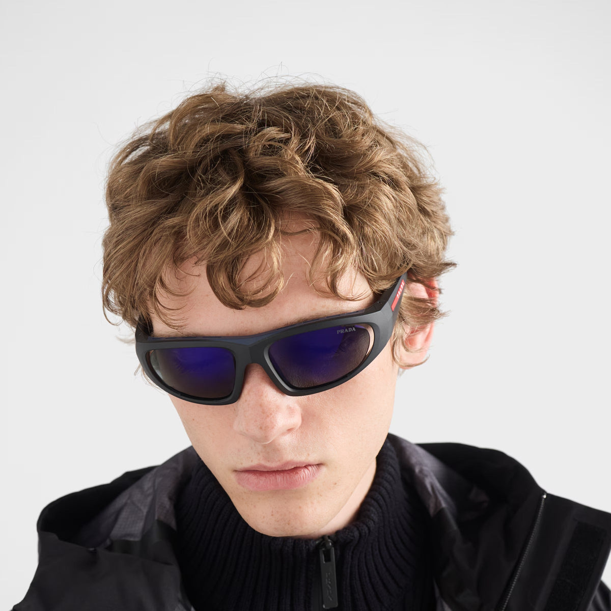 Prada Men Curved Frame Opaque Black Sunglasses