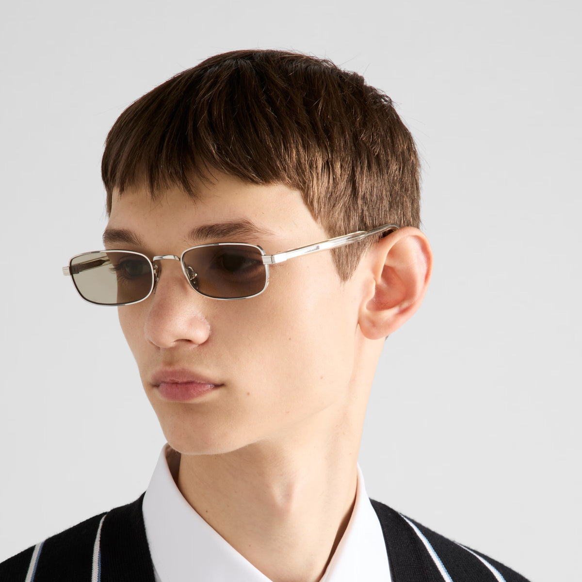 Prada Men Rectangular Frame Shiny Silver Sunglasses