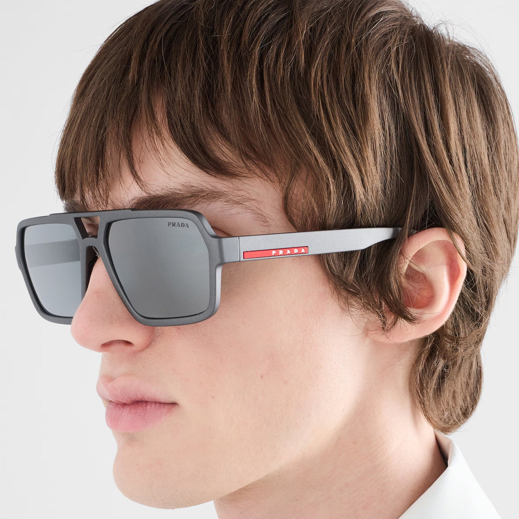 Prada Men Rectangular Frame Matte Metallic Gray Sunglasses