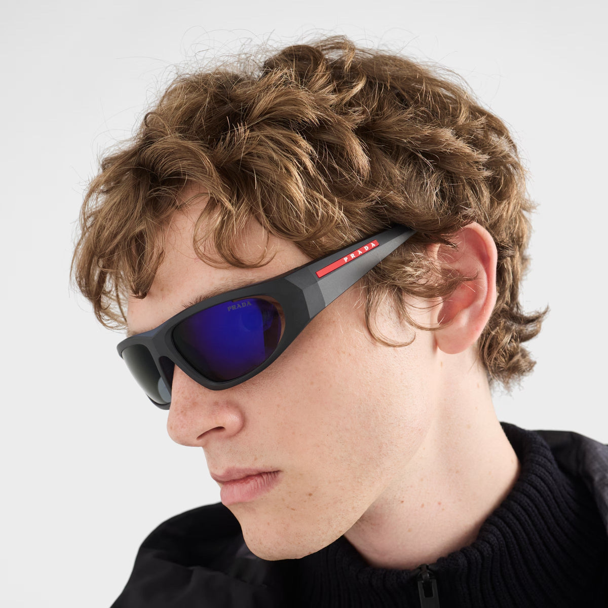 Prada Men Curved Frame Opaque Black Sunglasses
