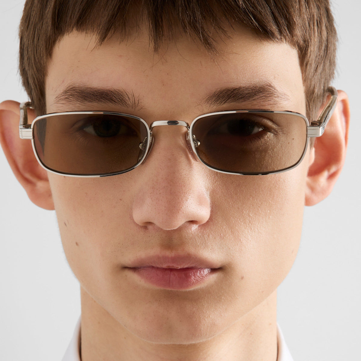 Prada Men Rectangular Frame Shiny Silver Sunglasses