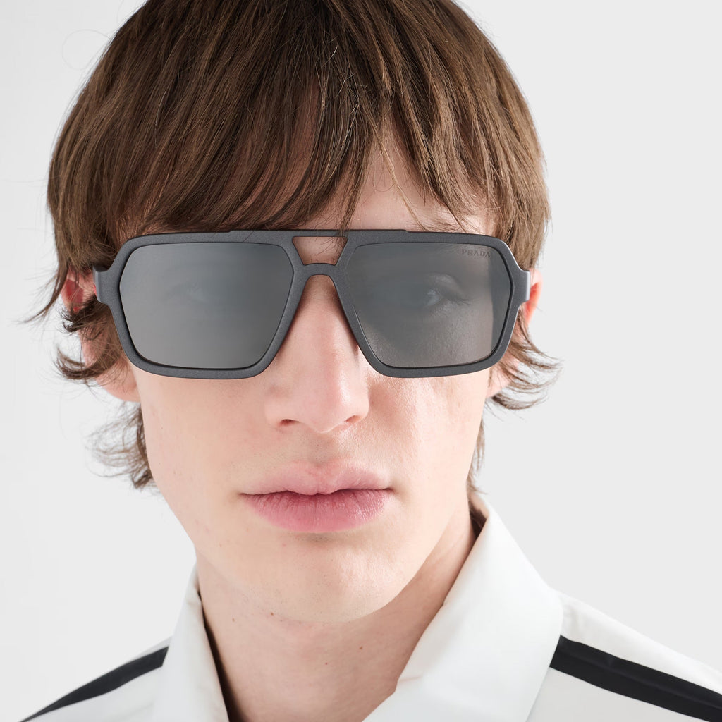Prada Men Rectangular Frame Matte Metallic Gray Sunglasses