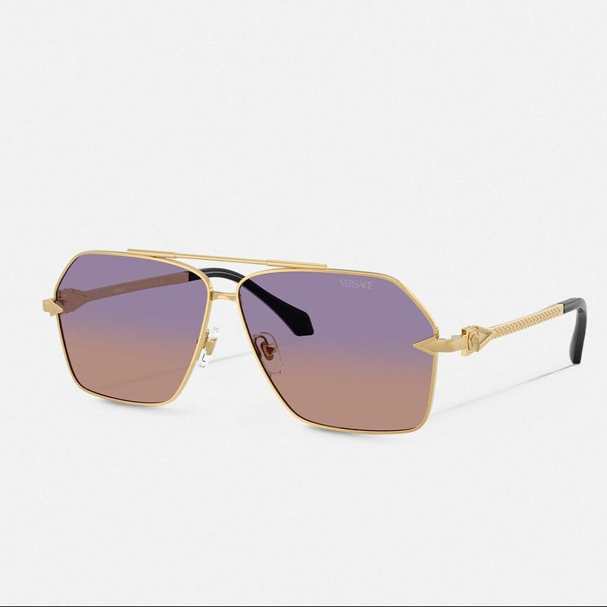 Versace Men Geometric Frame Shiny Metallic Gold Sunglasses