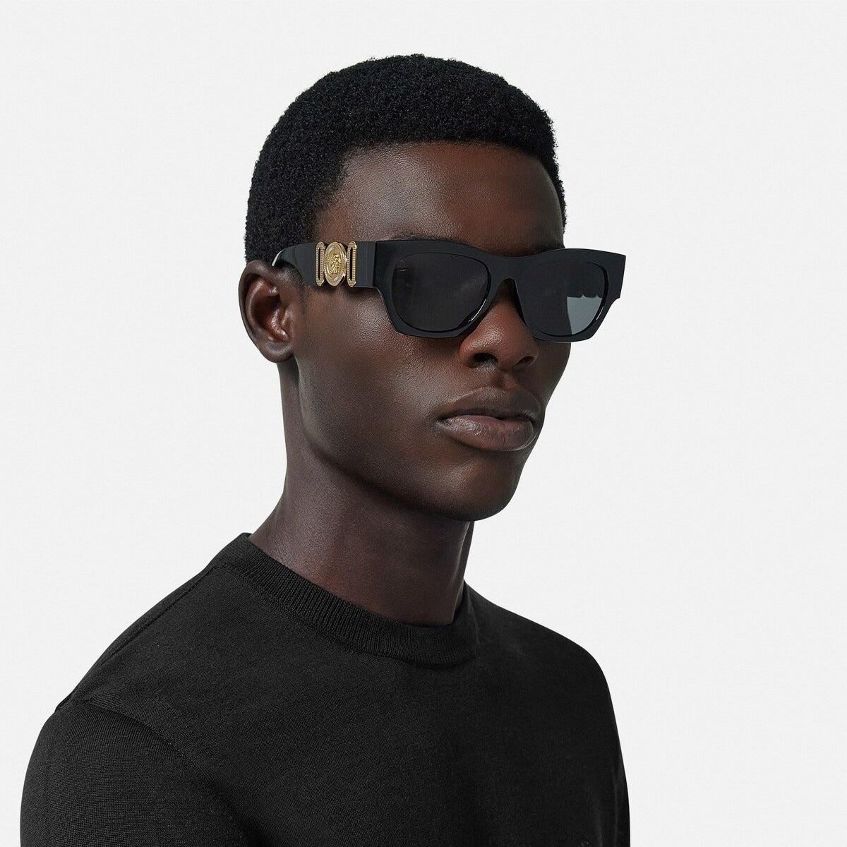 Versace Men Rectangular Frame Shiny Smoky Black Sunglasses